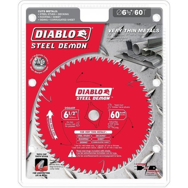 Diablo Steel Demon Saw Blade, 612 in Dia, 58 in Arbor, 60Teeth, Carbide Cutting Edge D0660F